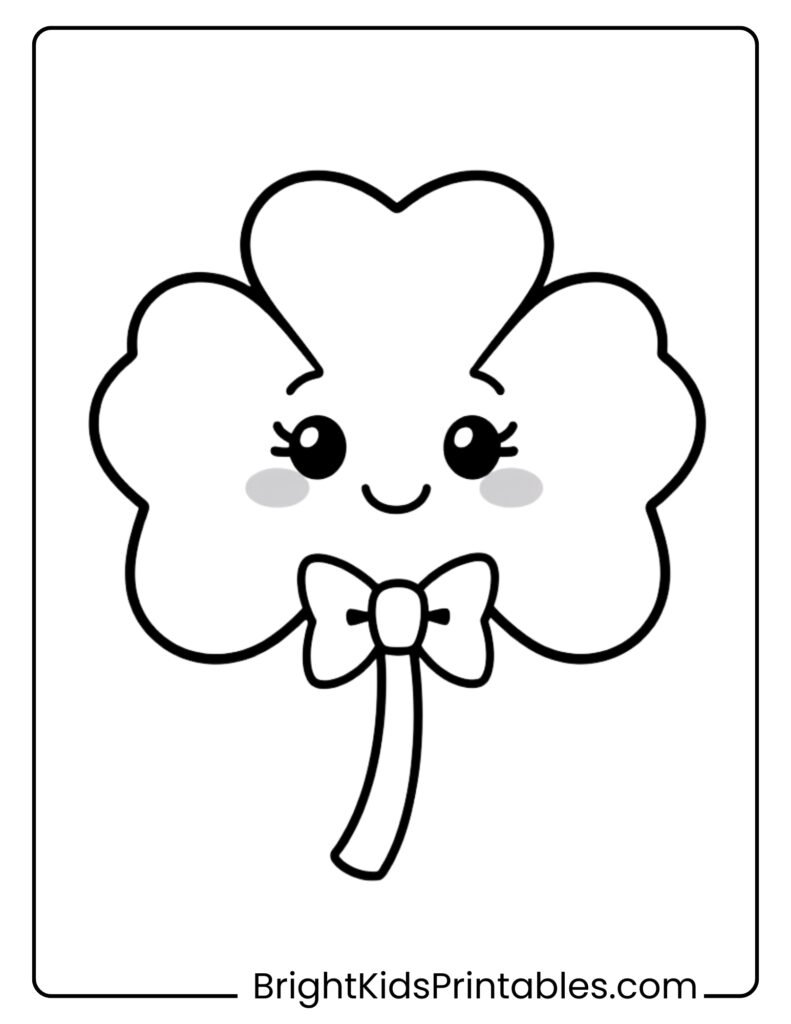 A delightful coloring page featuring a cute four-leaf clover
