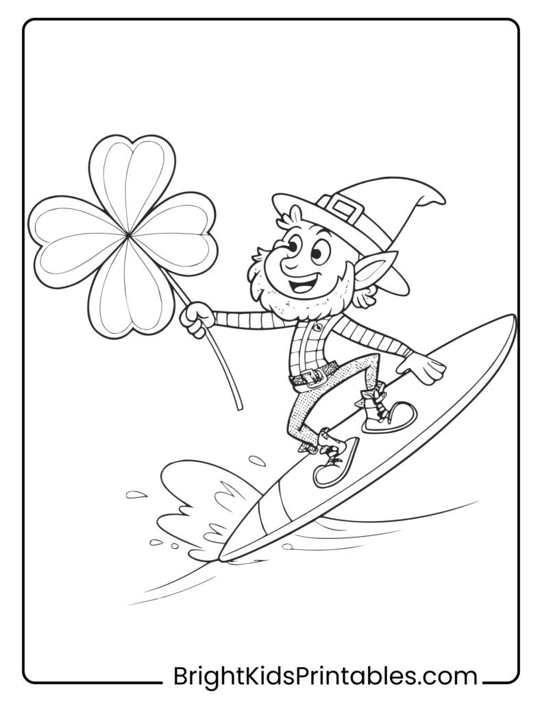 A fun coloring page featuring a cartoon leprechaun riding a wave on a surfboard