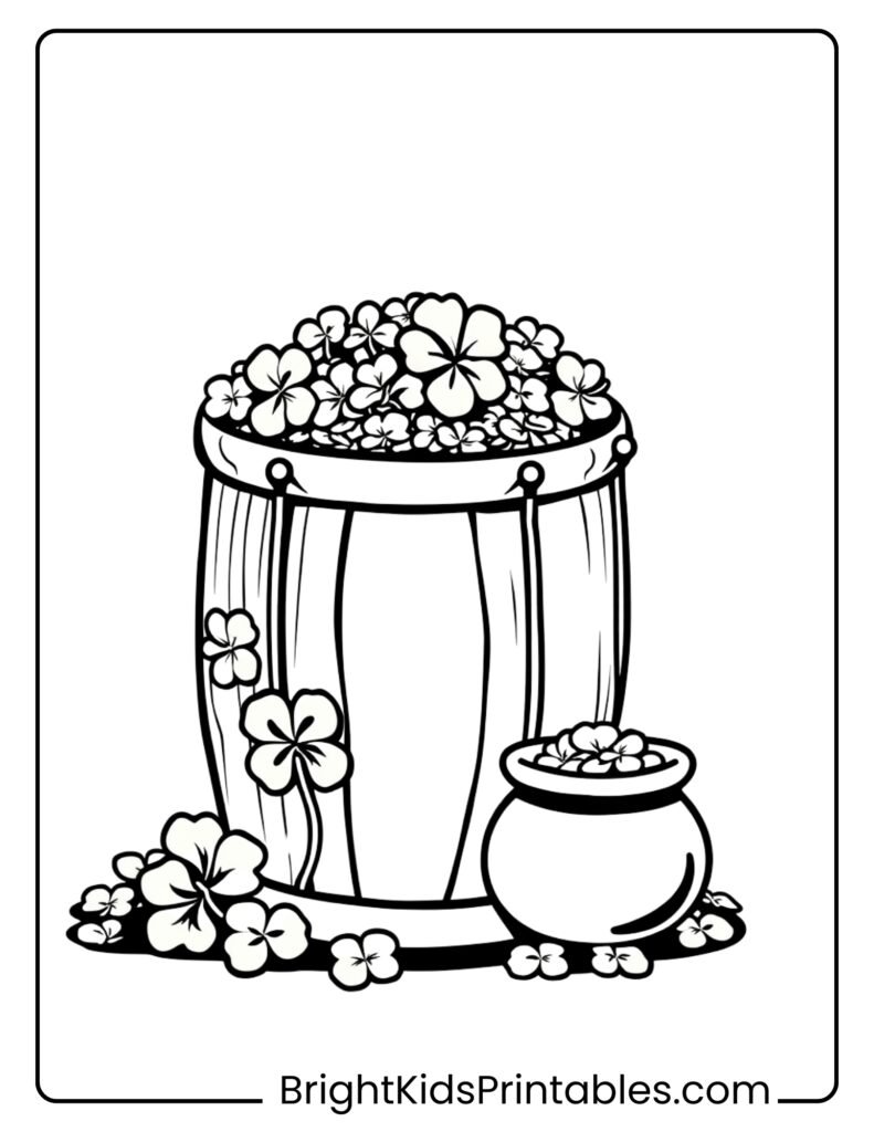 A coloring page featuring a basket overflowing with shiny coins