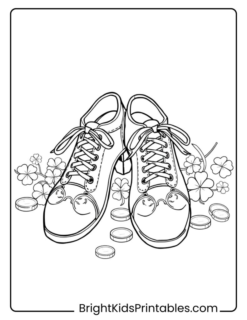 A coloring page featuring shoes adorned with flowers and scattered coins