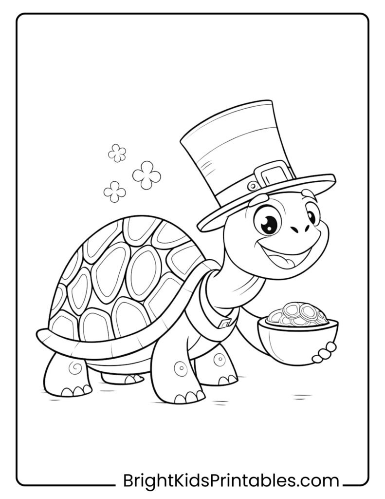 A cheerful turtle wearing a hat sits beside a bowl filled with colorful food coloring pages