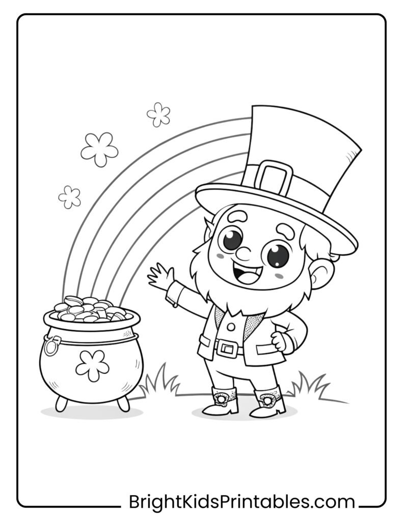 A fun leprechaun coloring page featuring a cheerful leprechaun