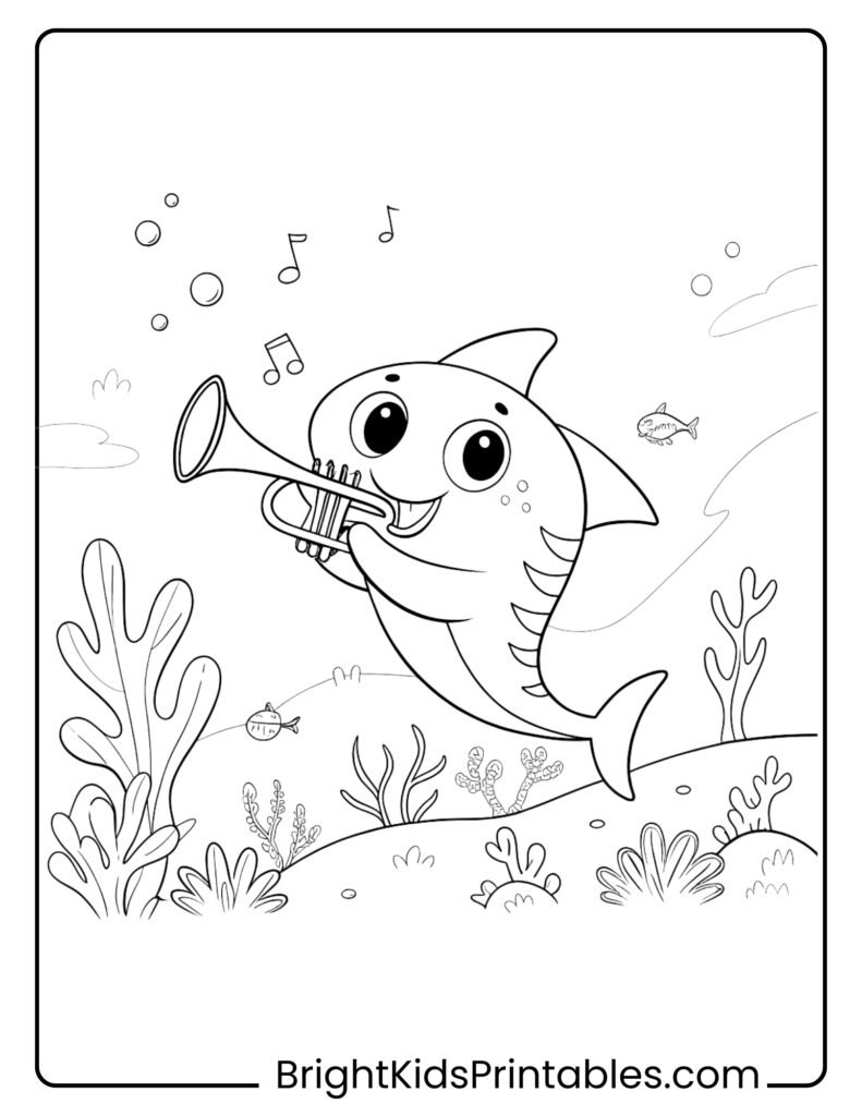 A cheerful cartoon shark joyfully plays the trumpet