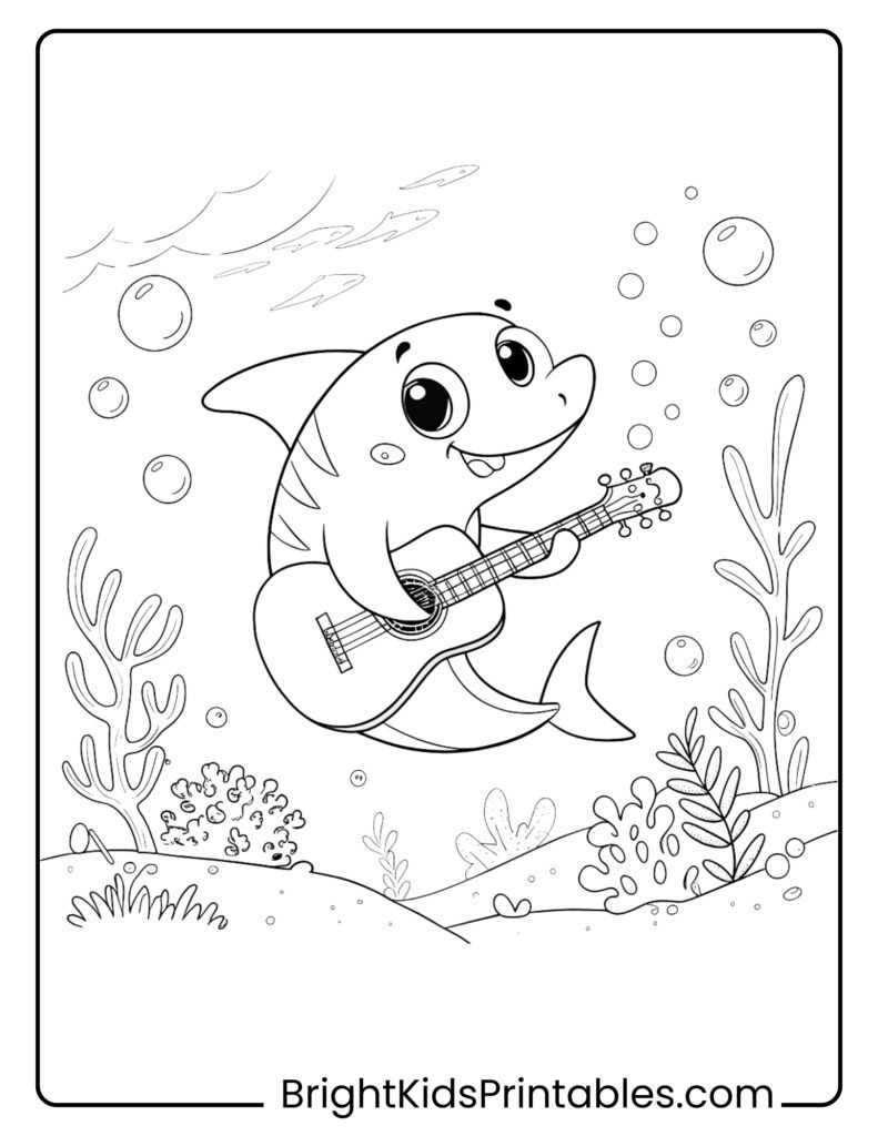 A cheerful cartoon shark strums a guitar