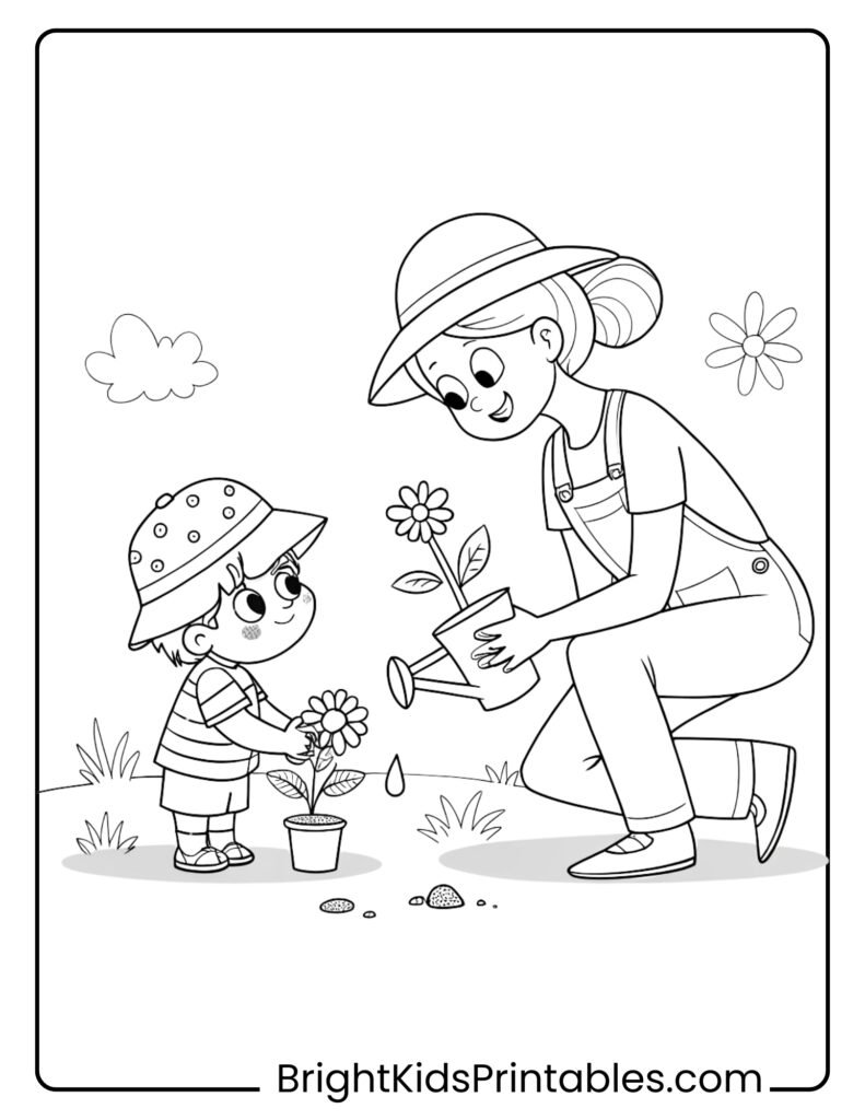 A mother and child happily Gardering together on a bright coloring pages