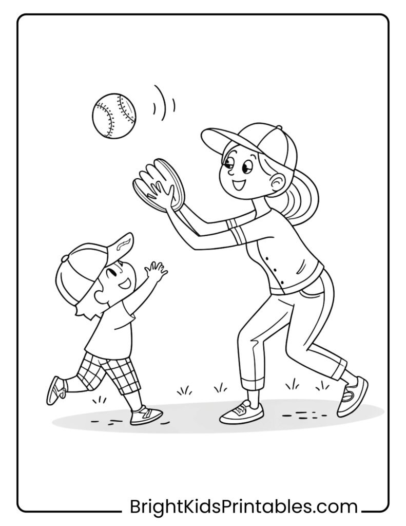 A mother and child joyfully playing baseball coloring page
