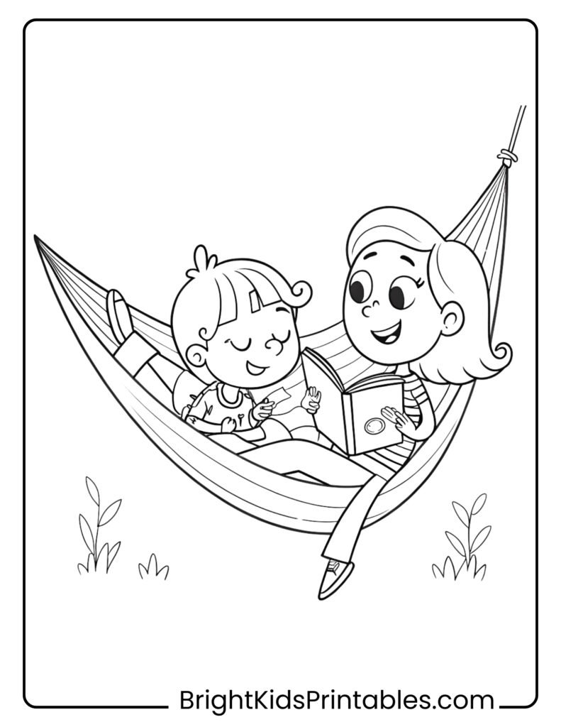 A mother and child peacefully reading a book together in a hammock coloring pages
