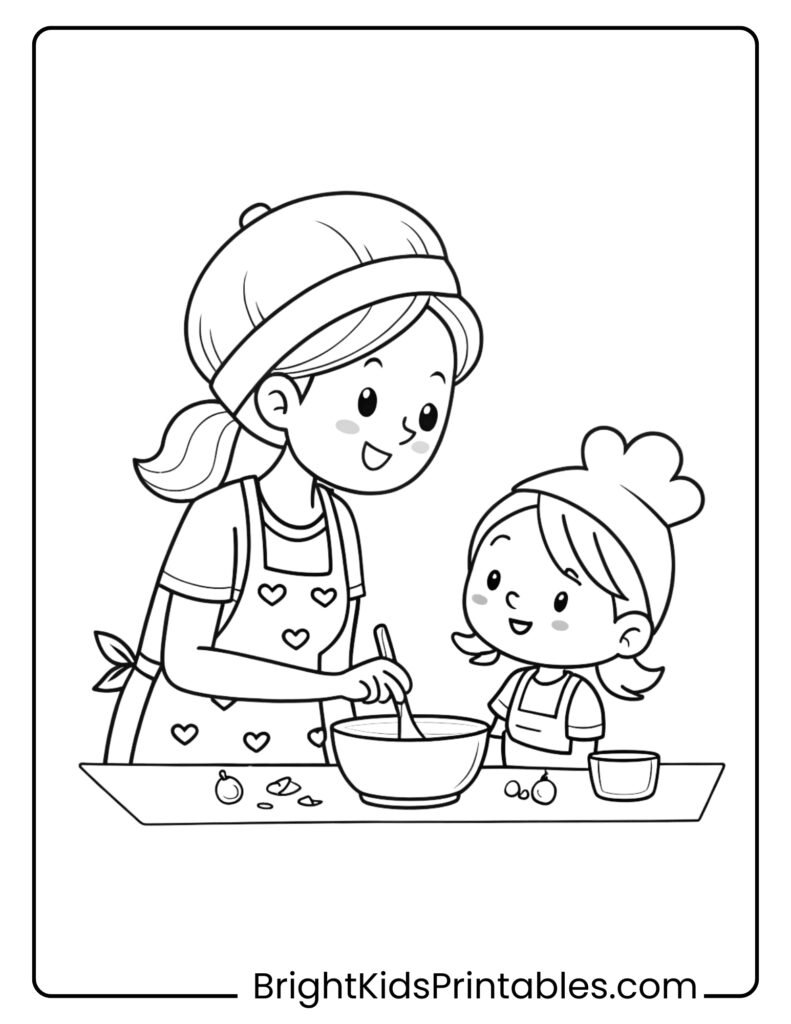 A mother and daughter joyfully cooking together coloring pages