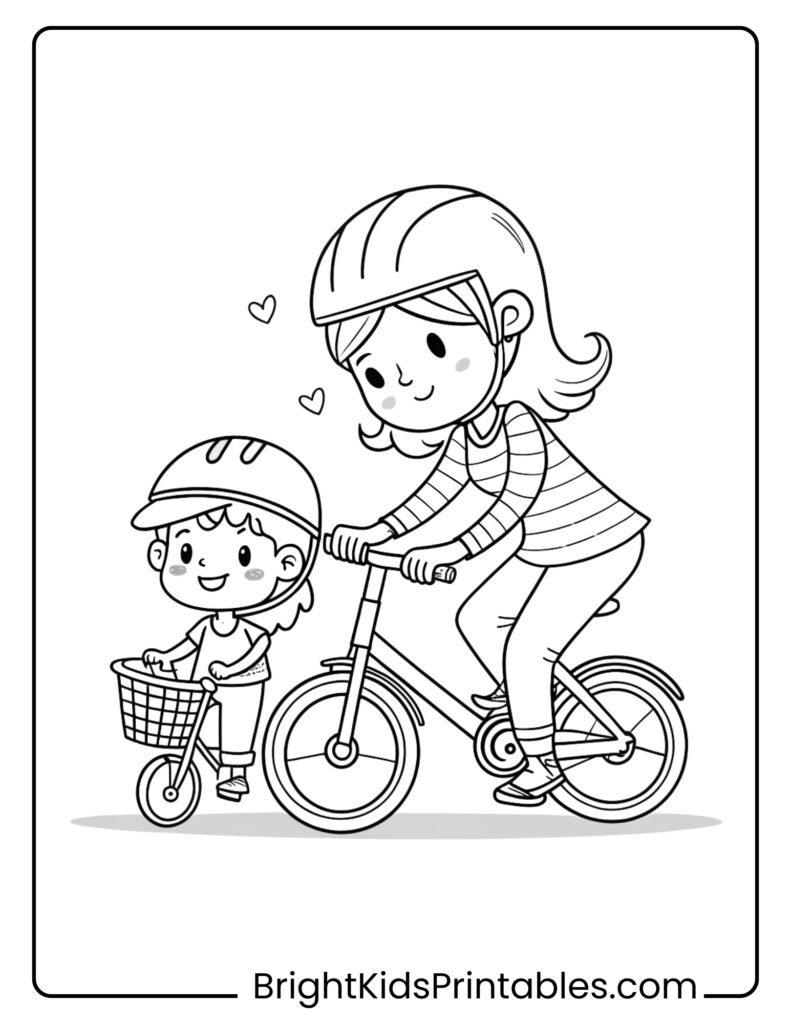 A mother and daughter joyfully riding bikes together coloring page
