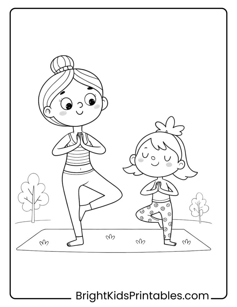 A mother and daughter practicing yoga together coloring pages