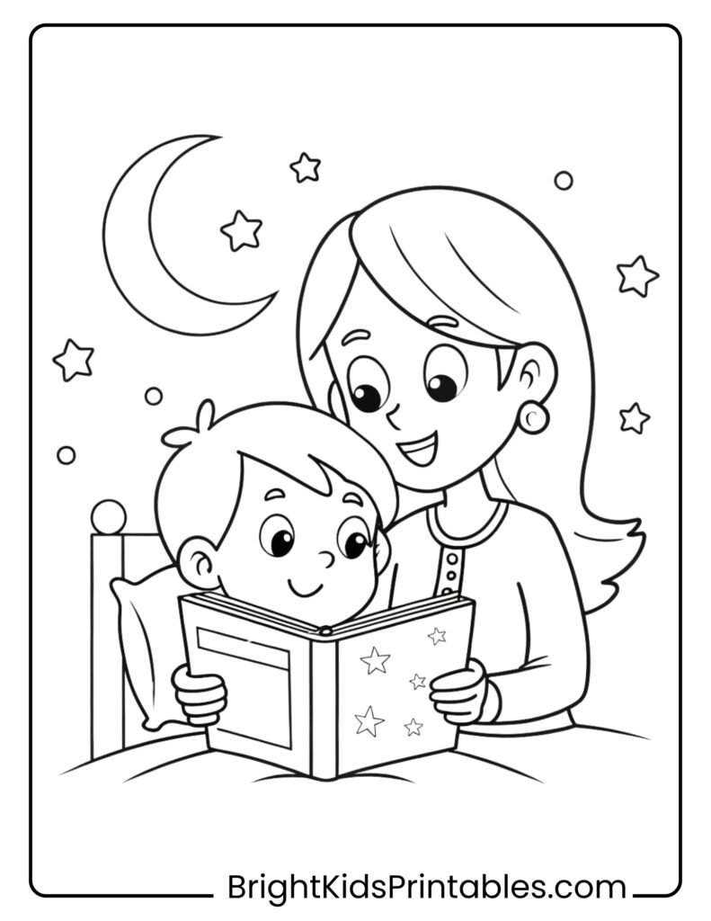 A mother and son happily reading a bedtime story coloring page