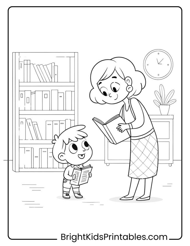 A mother reads a story to a child in a cozy library coloring pages