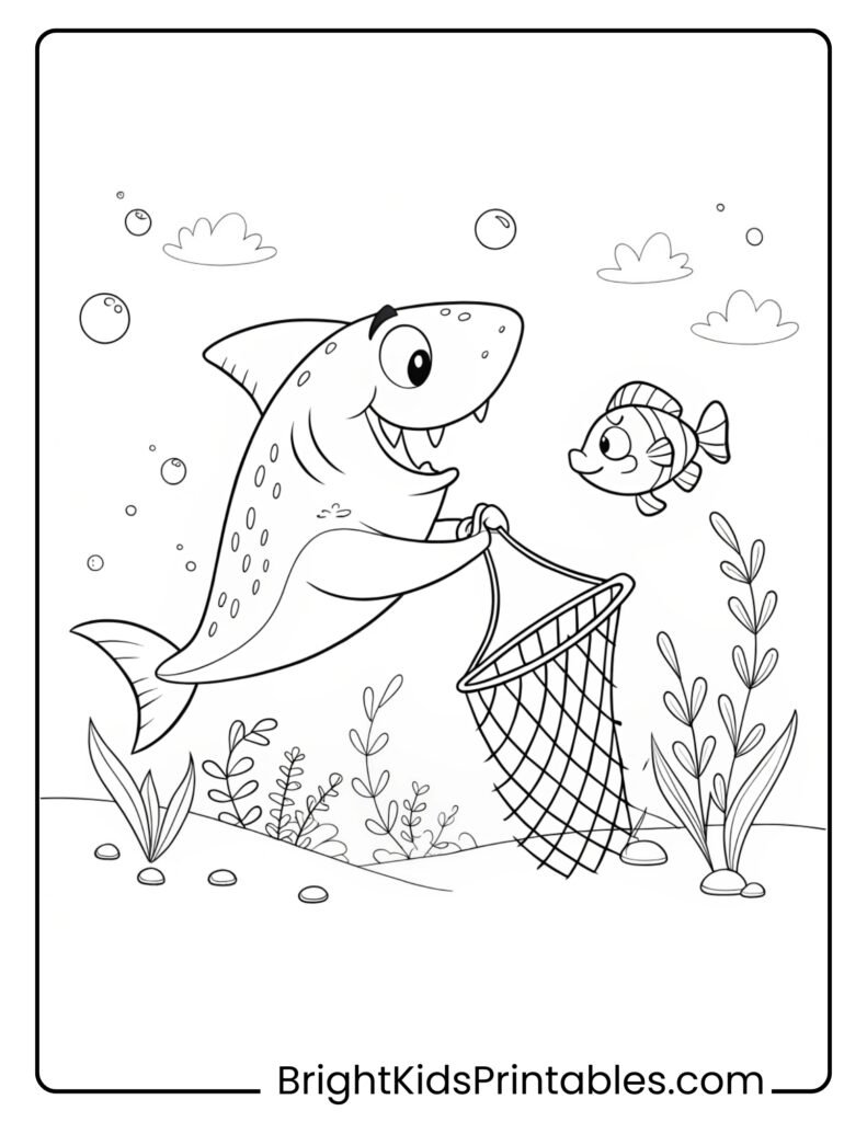 A shark swimming alongside colorful fish in an underwater scene.