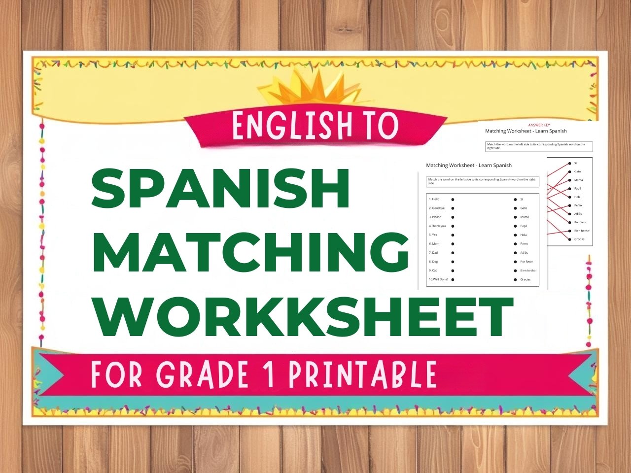 English to Spanish Matching Worksheet for Kids - Grade 1