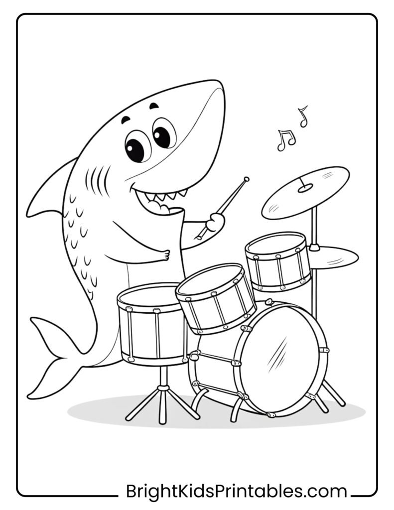 A fun coloring page featuring a shark joyfully playing drums