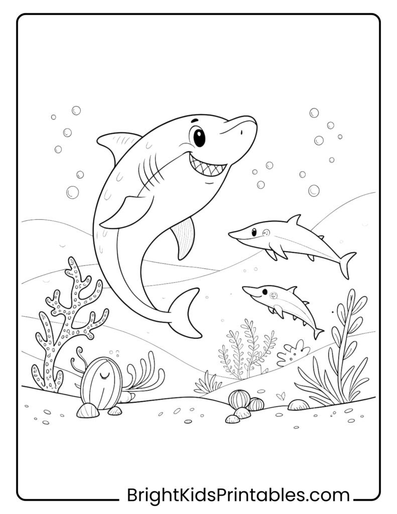 a playful shark surrounded by various fish, perfect for creative coloring fun