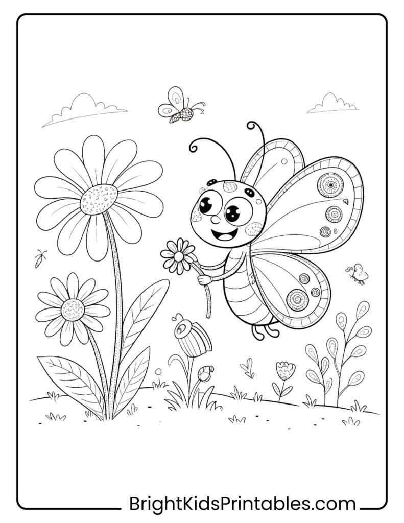 A butterfly surrounded by beautiful flowers coloring page