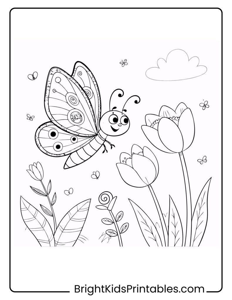 A charming butterfly coloring page adorned with flowers