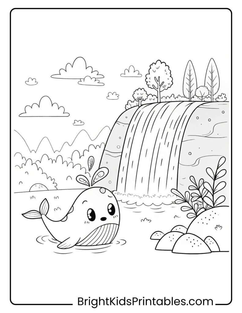 A cheerful cartoon whale swims in a river