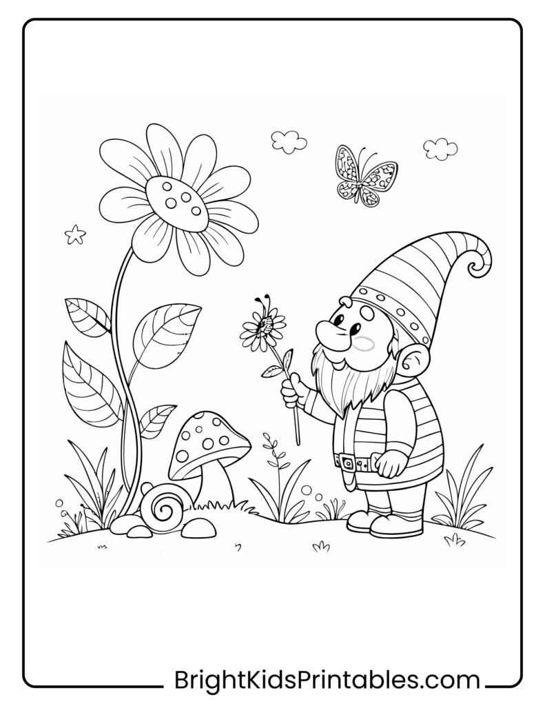 A cheerful gnome surrounded by vibrant flowers