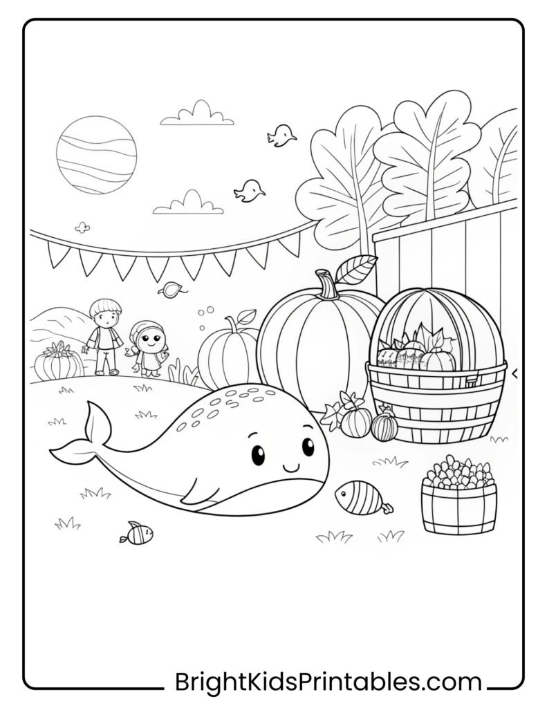 A cheerful whale swimming beside a playful pumpkin
