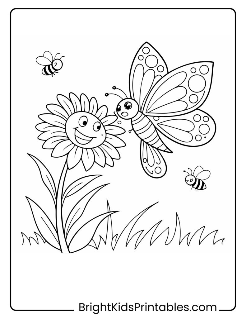 A coloring page featuring a butterfly perched on a vibrant flower