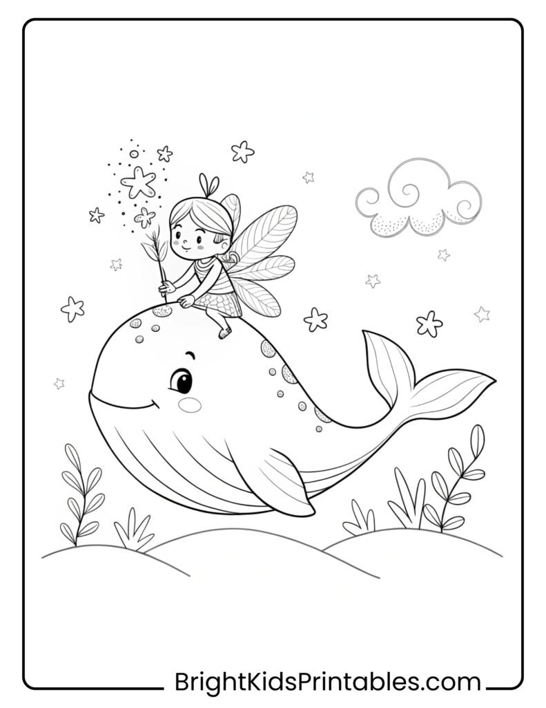 A fairy joyfully riding on the back of a gentle whale