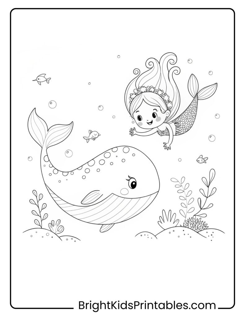 A mermaid swimming alongside a friendly whale