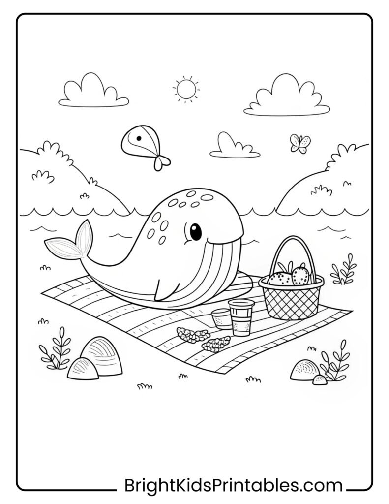 A whale beside a basket on a sandy beach