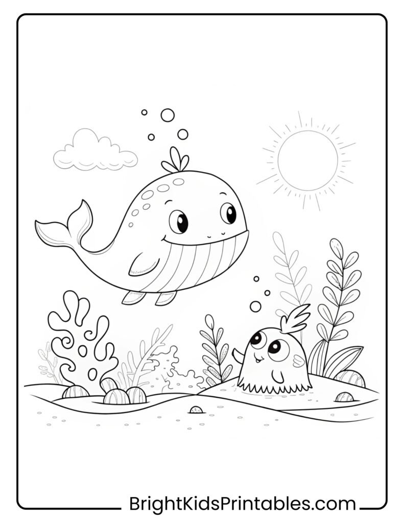 A whale swimming alongside a cheerful fish