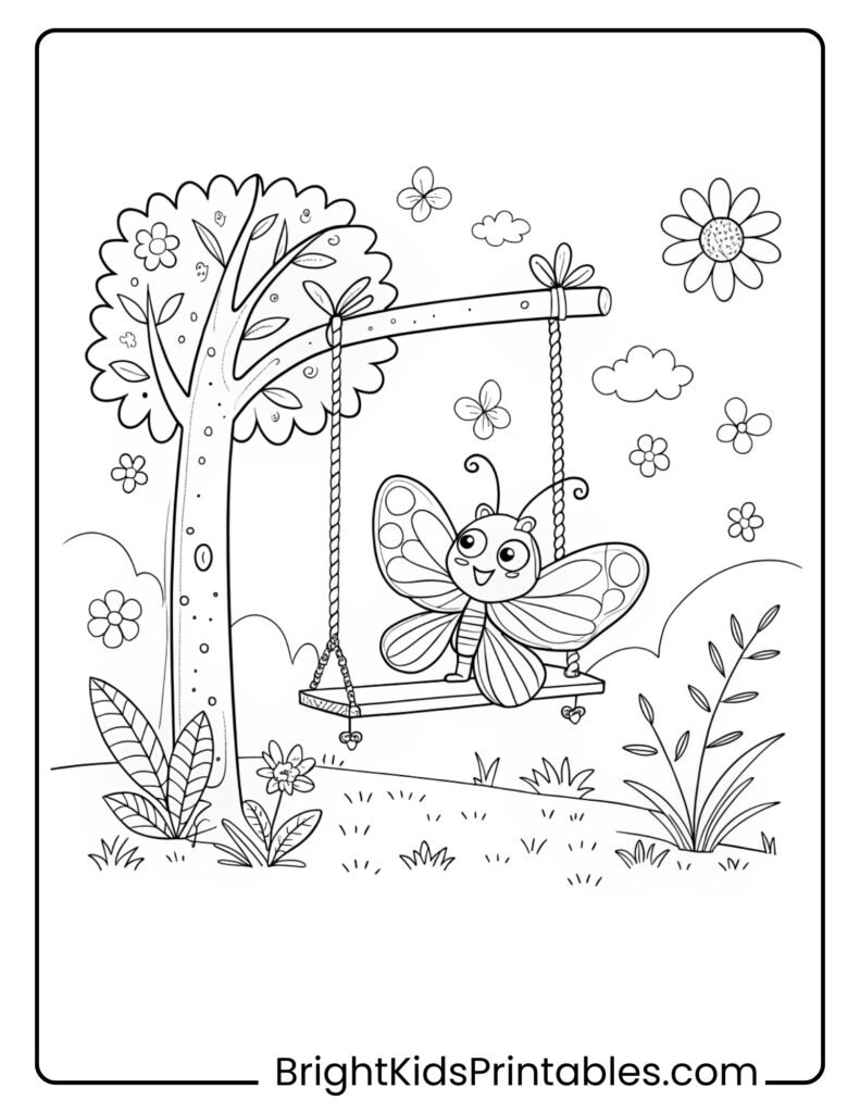 A whimsical coloring page featuring a butterfly joyfully swinging on a swing