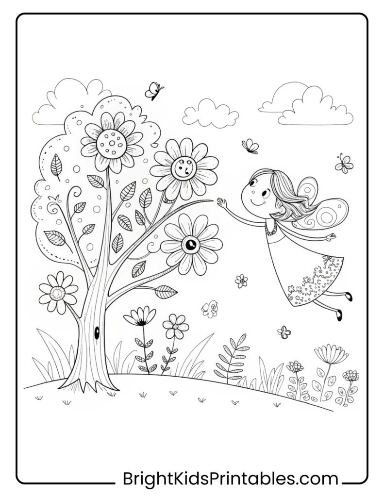 A whimsical coloring page featuring a fairy surrounded by beautiful flowers