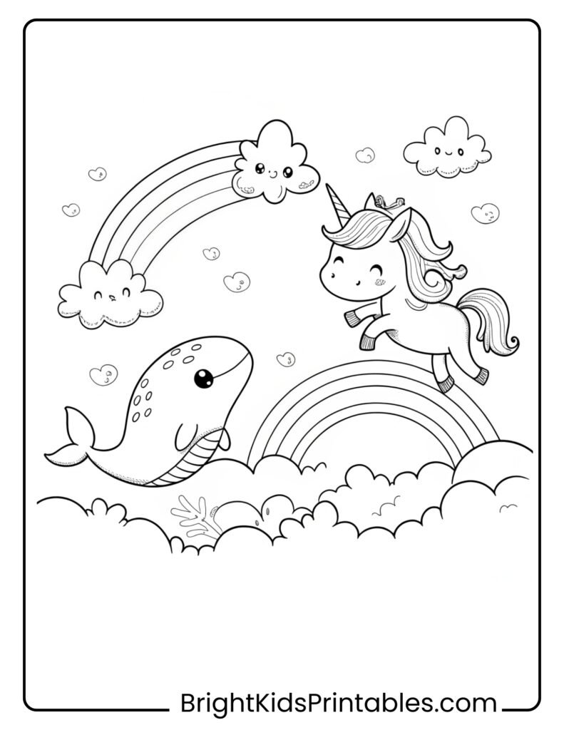 A whimsical coloring page featuring a unicorn and a whale