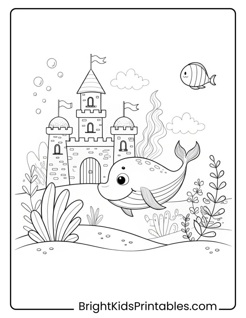 A whimsical coloring page featuring a whale swimming near a majestic castle in the ocean