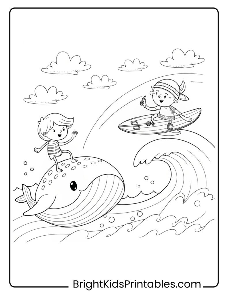 Two kids joyfully riding a whale in the ocean, surrounded by waves